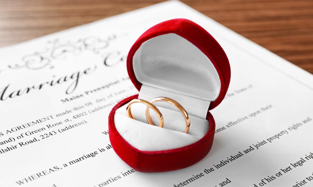 Rings in box on marriage contract